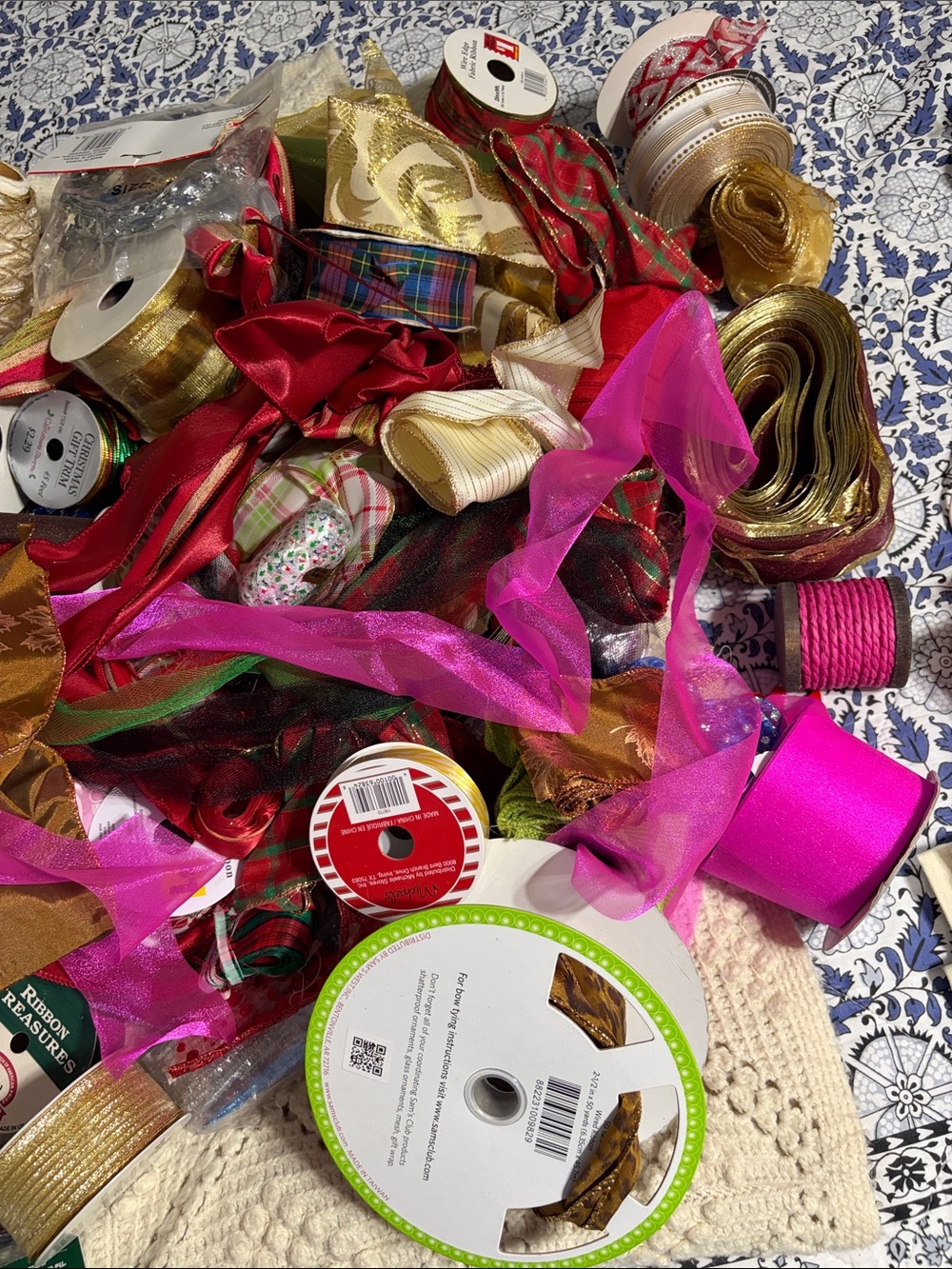 HUGE lot Assorted Pink, Holiday and Gold Decorative Party Ribbons -